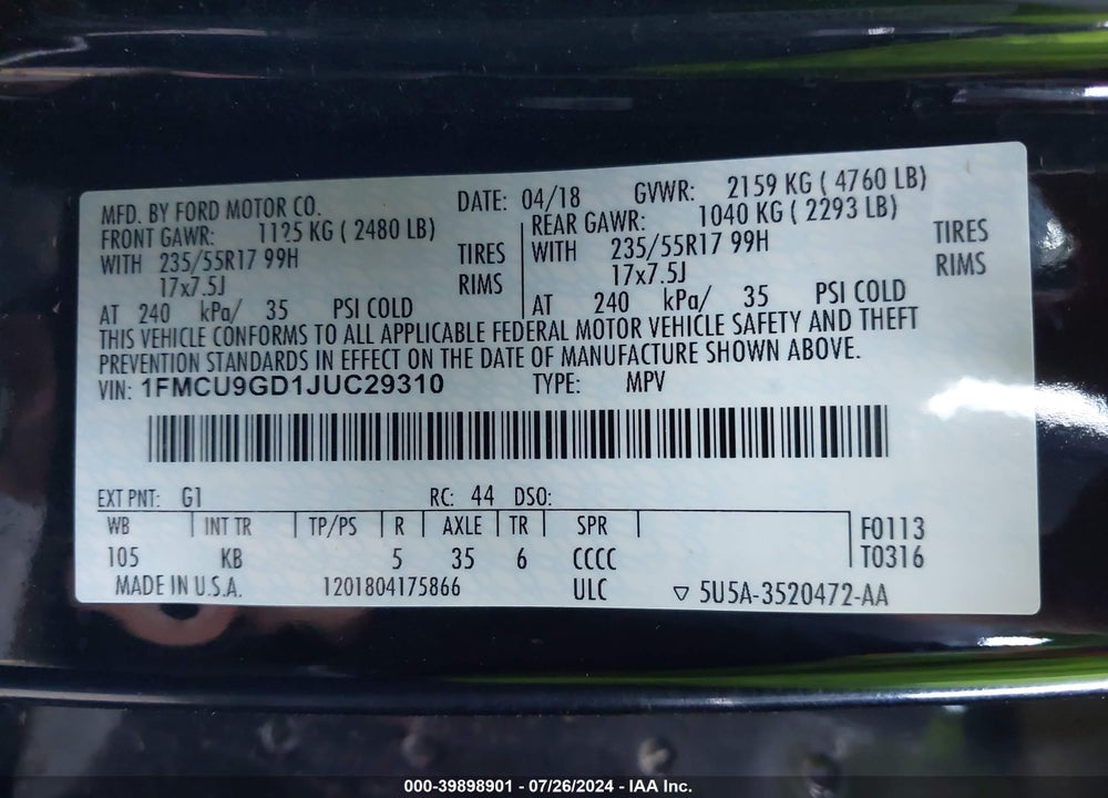 2018 FORD ESCAPE SE VIN: 1FMCU9GD1JUC29310