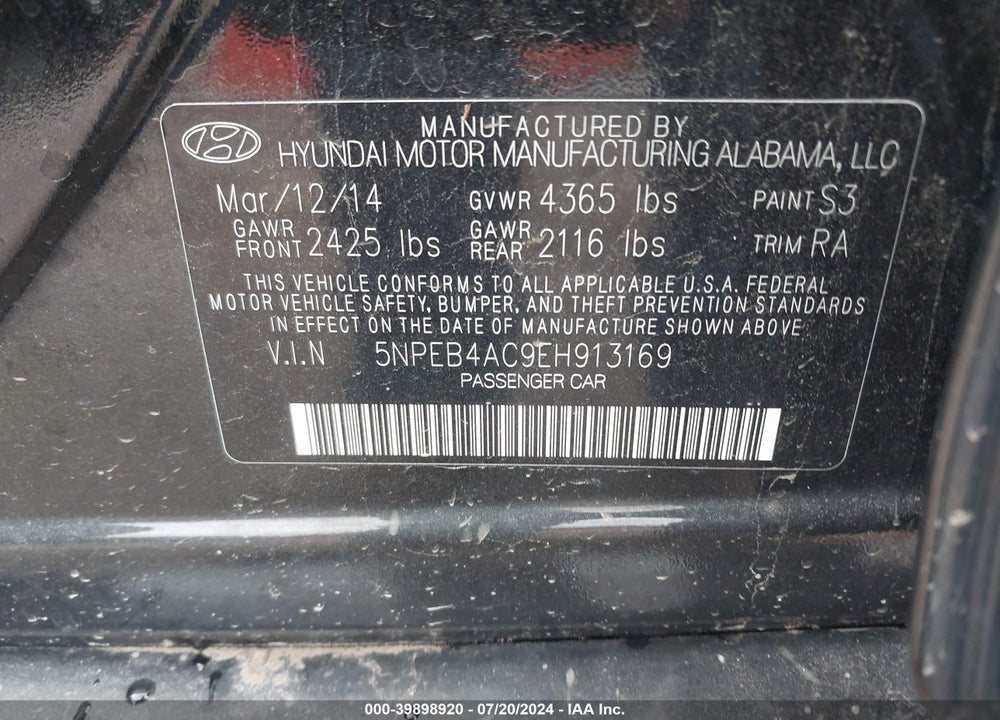 2014 HYUNDAI SONATA GLS VIN: 5NPEB4AC9EH913169