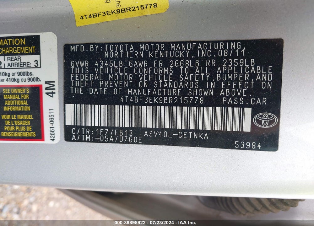 2011 TOYOTA CAMRY VIN: 4T4BF3EK9BR215778