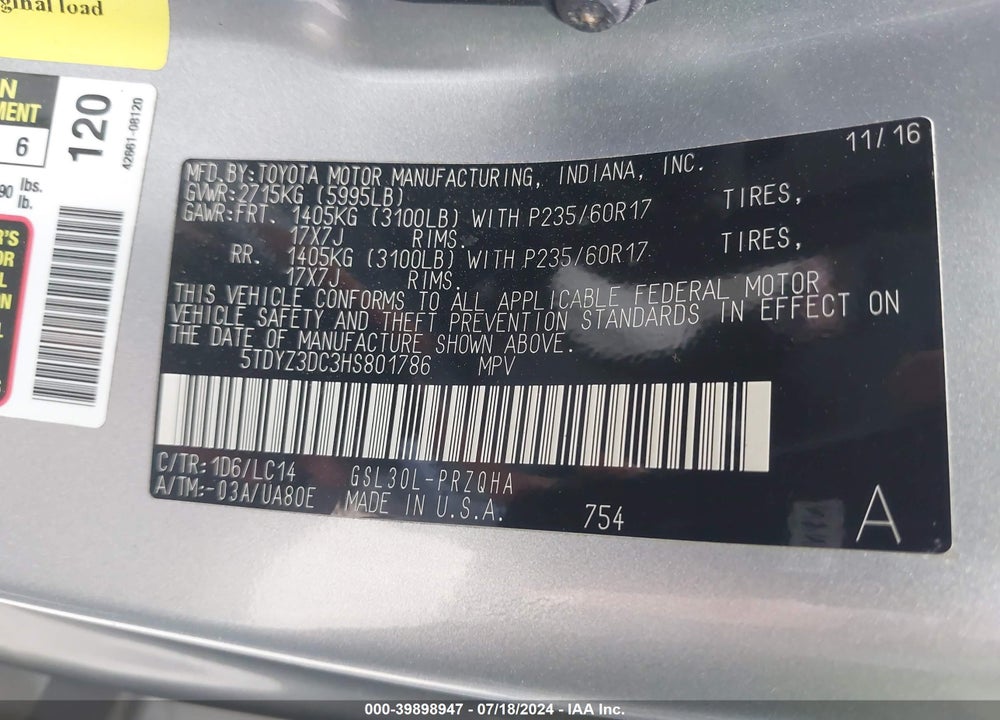 2017 TOYOTA SIENNA XLE PREMIUM 8 PASSENGER VIN: 5TDYZ3DC3HS801786
