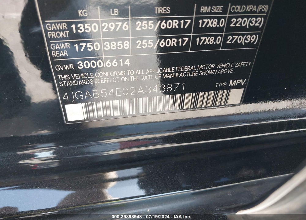 2002 MERCEDES-BENZ ML 320 VIN: 4JGAB54E02A343871