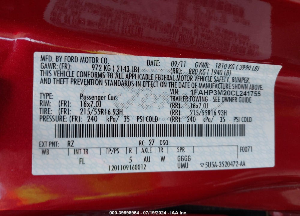 2012 FORD FOCUS SEL VIN: 1FAHP3M20CL241755