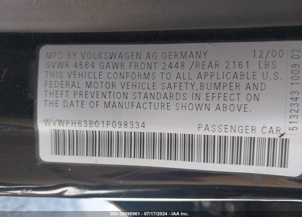 2001 VOLKSWAGEN PASSAT GLS V6 VIN: WVWPH63B01P098334
