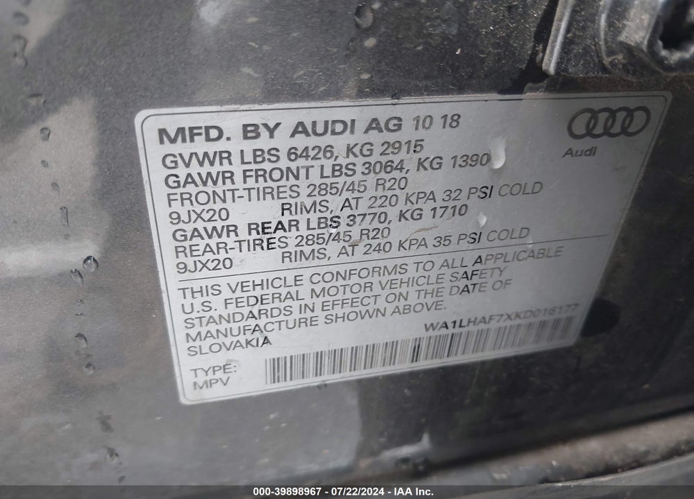 2019 AUDI Q7 45 PREMIUM/45 SE PREMIUM VIN: WA1LHAF7XKD016177