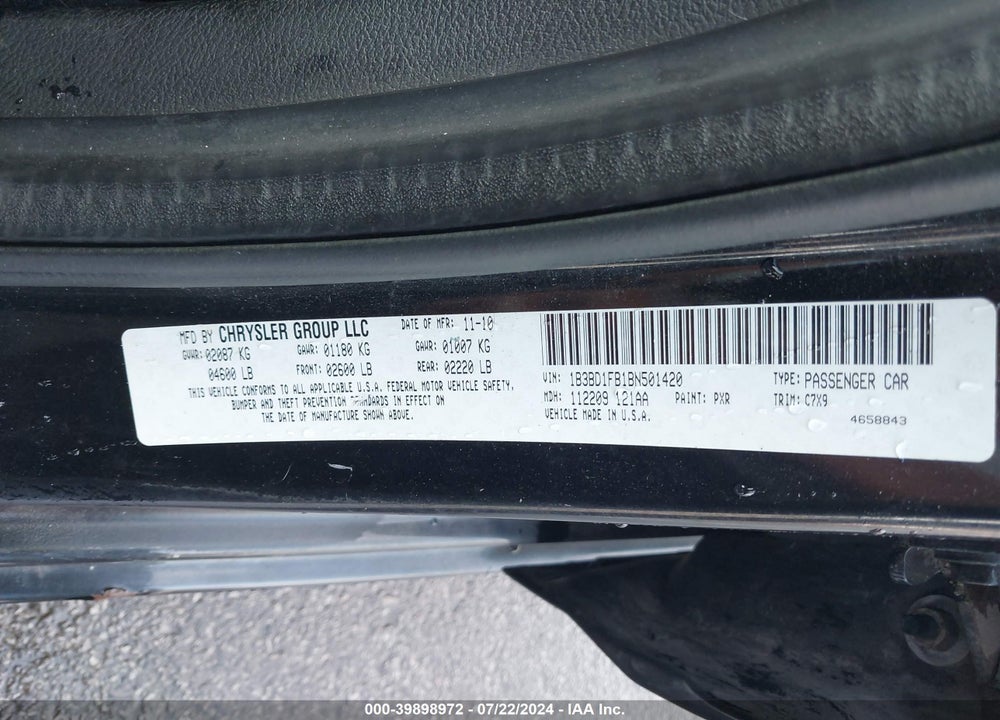 2011 DODGE AVENGER VIN: 1B3BD1FB1BN501420