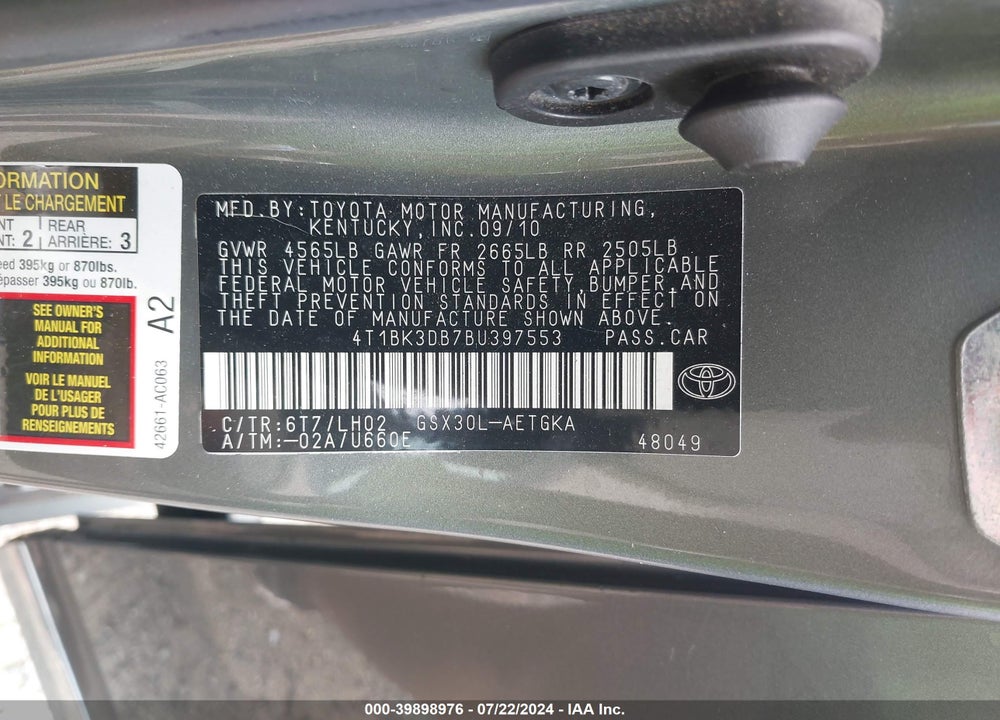 2011 TOYOTA AVALON VIN: 4T1BK3DB7BU397553