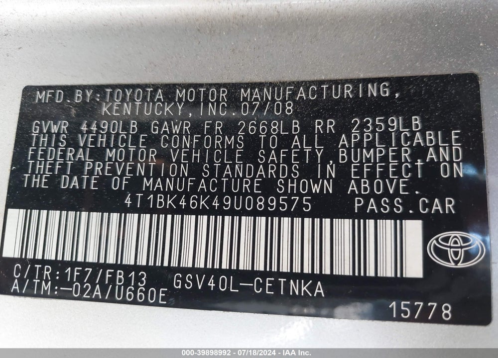 2009 TOYOTA CAMRY LE V6 VIN: 4T1BK46K49U089575
