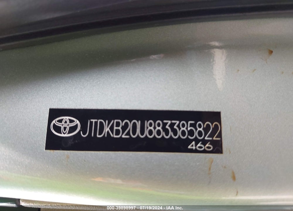 2008 TOYOTA PRIUS VIN: JTDKB20U883385822
