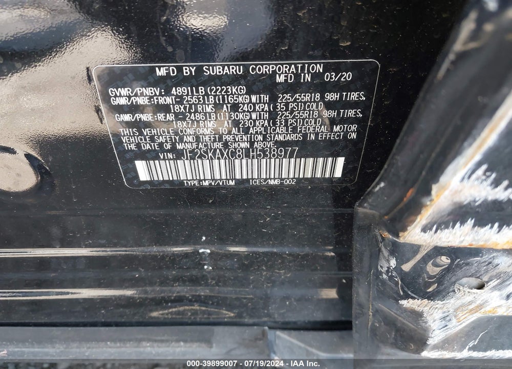 2020 SUBARU FORESTER TOURING VIN: JF2SKAXC8LH538977