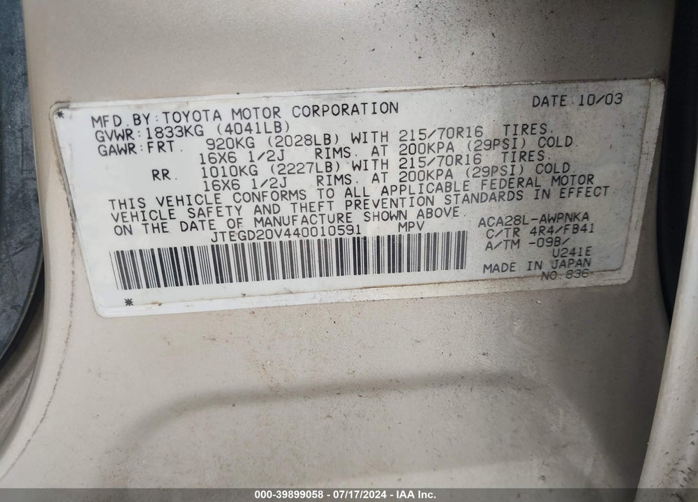 2004 TOYOTA RAV4 VIN: JTEGD20V440010591
