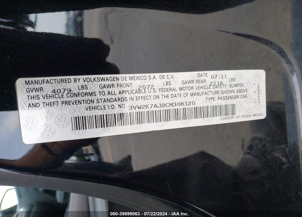 2012 VOLKSWAGEN JETTA 2.0L S VIN: 3VW2K7AJ2CM306120