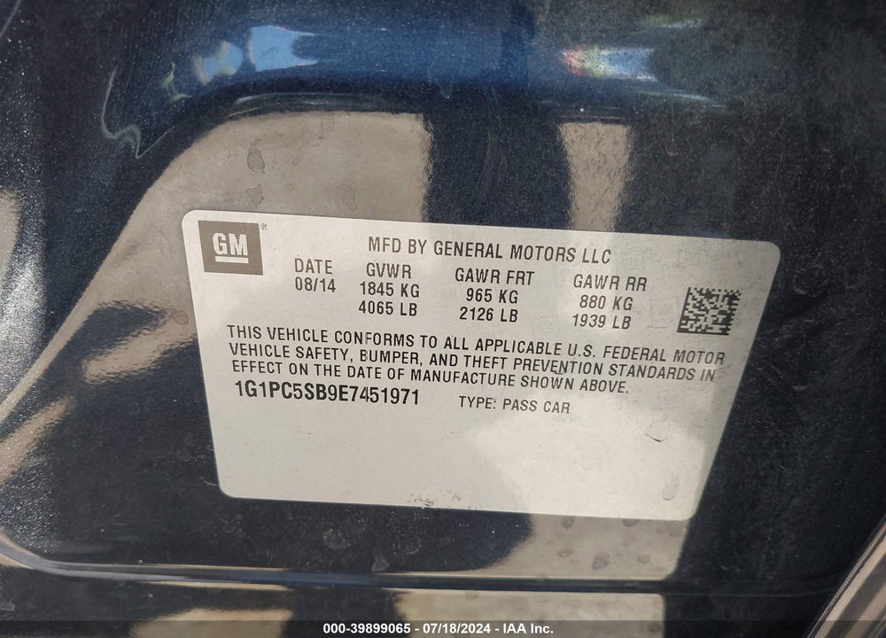 2014 CHEVROLET CRUZE 1LT AUTO VIN: 1G1PC5SB9E7451971