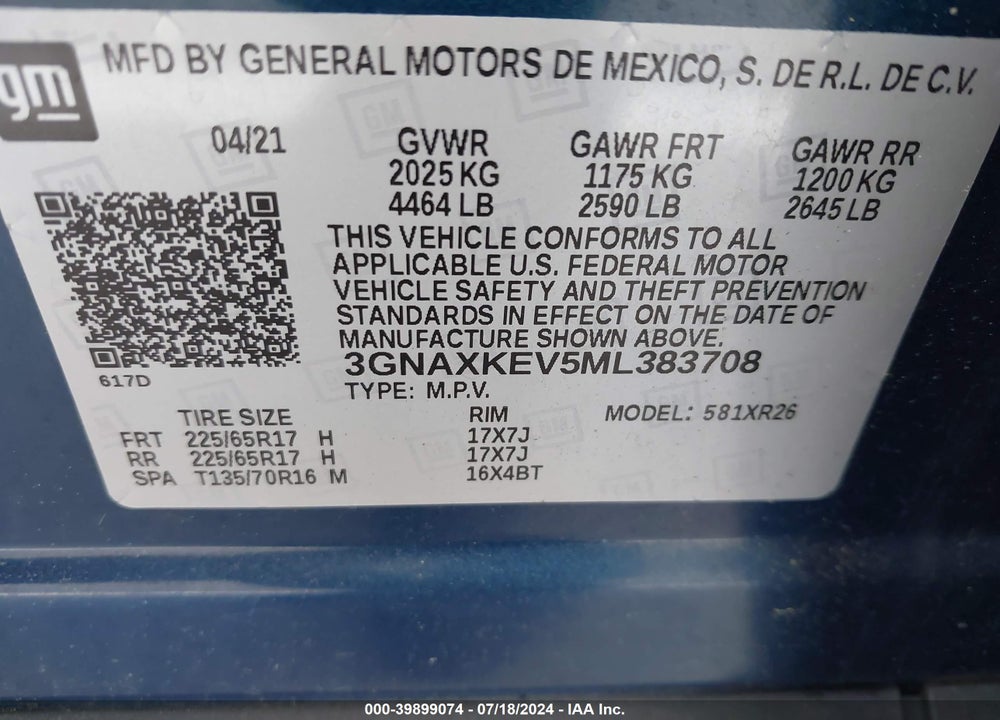2021 CHEVROLET EQUINOX FWD LT VIN: 3GNAXKEV5ML383708