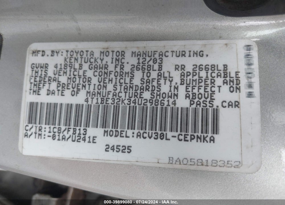 2004 TOYOTA CAMRY LE VIN: 4T1BE32K34U298614
