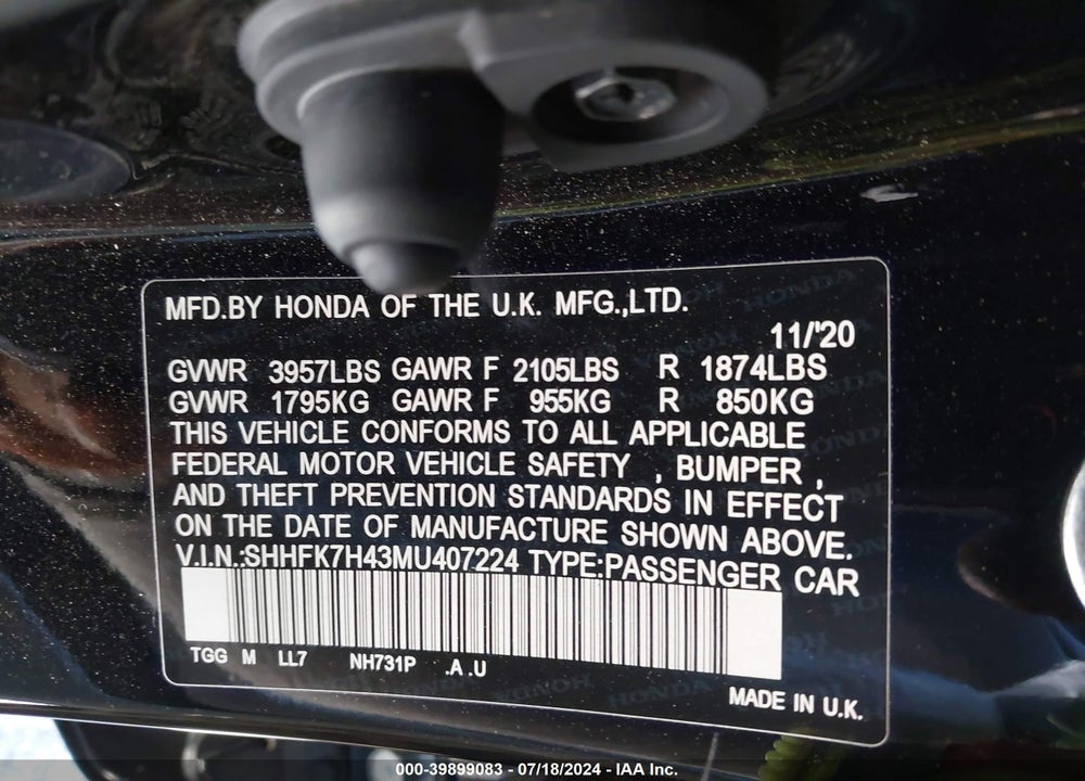 2021 HONDA CIVIC SPORT VIN: SHHFK7H43MU407224