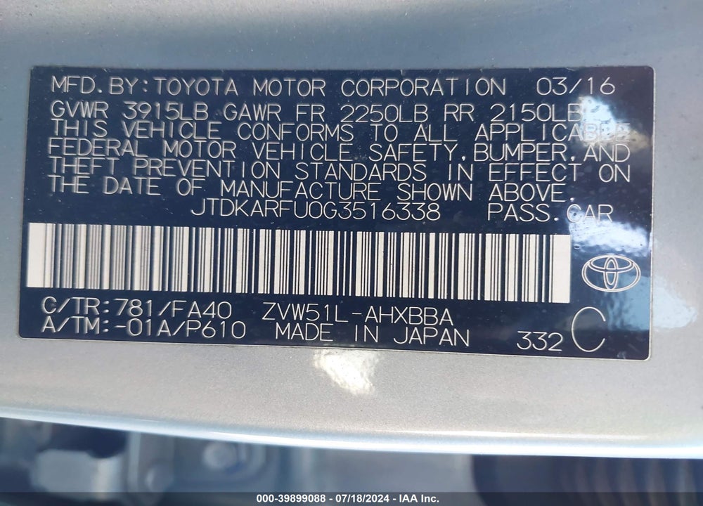 2016 TOYOTA PRIUS TWO ECO VIN: JTDKARFU0G3516338