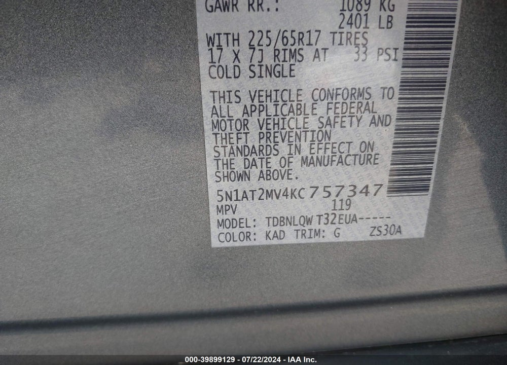 2019 NISSAN ROGUE VIN: 5N1AT2MV4KC757347
