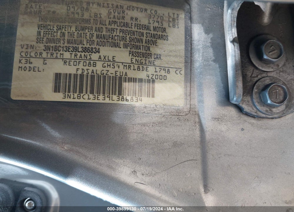 2009 NISSAN VERSA 1.8SL VIN: 3N1BC13E39L386834