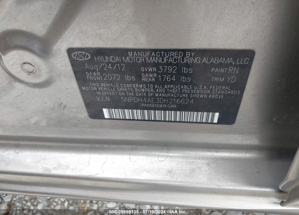 2013 HYUNDAI ELANTRA GLS VIN: 5NPDH4AE3DH216624