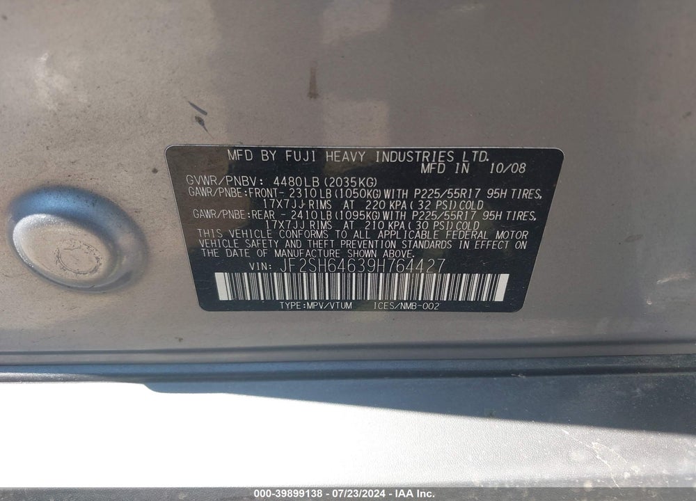 2009 SUBARU FORESTER 2.5X LIMITED VIN: JF2SH64639H764427