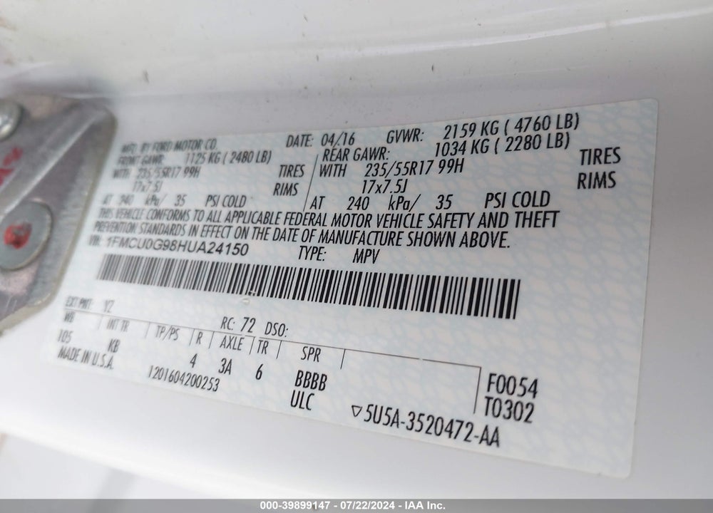 2017 FORD ESCAPE SE VIN: 1FMCU0G98HUA24150