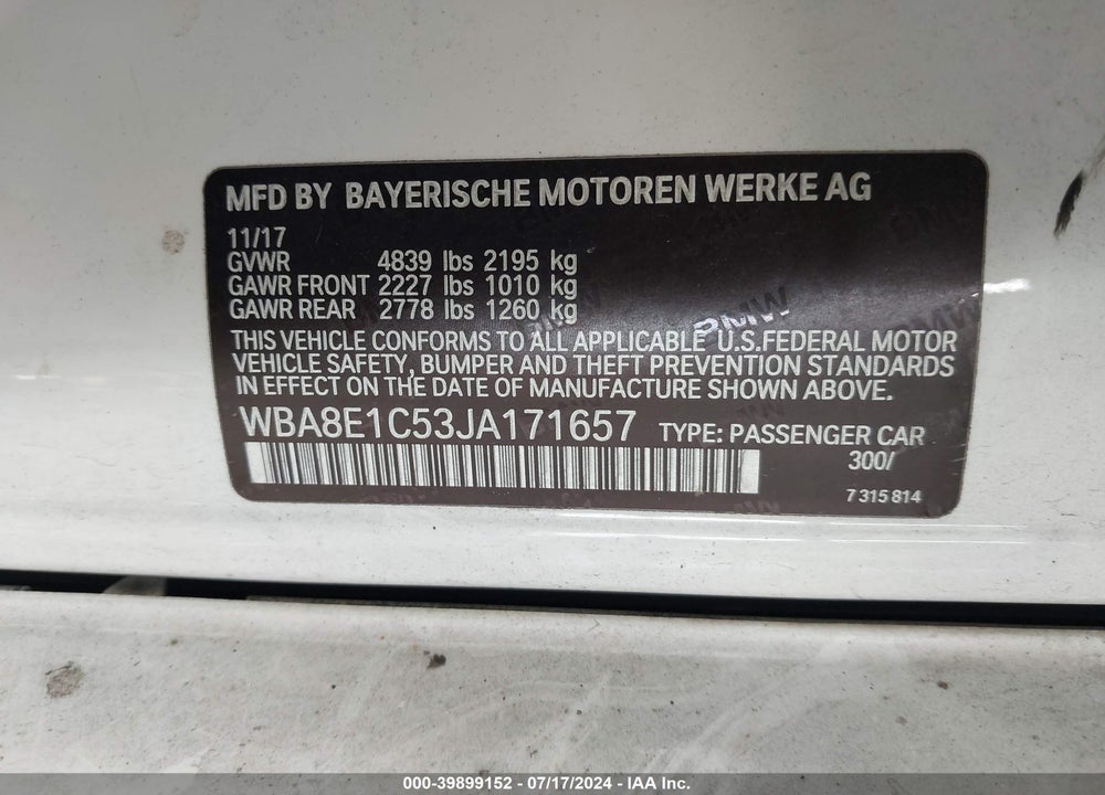2018 BMW 330E IPERFORMANCE VIN: WBA8E1C53JA171657