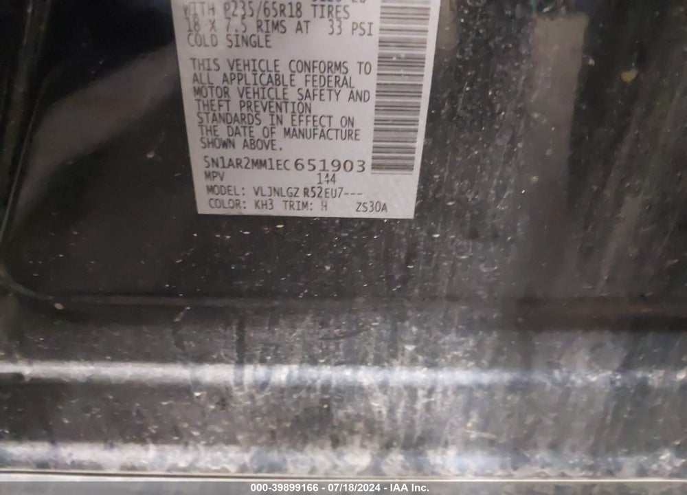 2014 NISSAN PATHFINDER VIN: 5N1AR2MM1EC651903