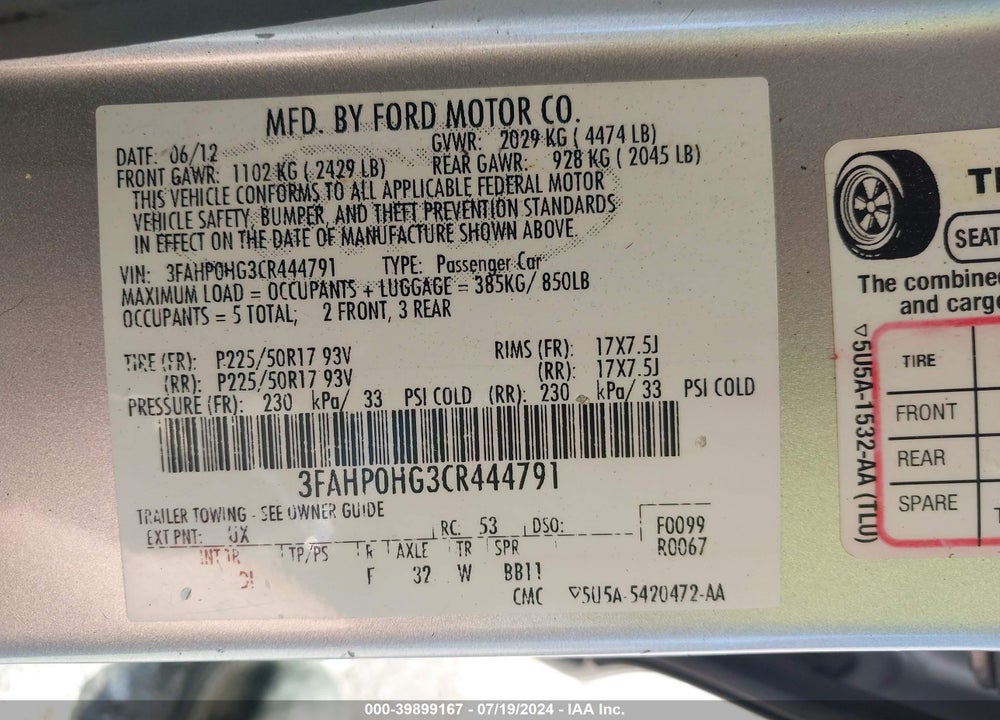2012 FORD FUSION SE VIN: 3FAHP0HG3CR444791