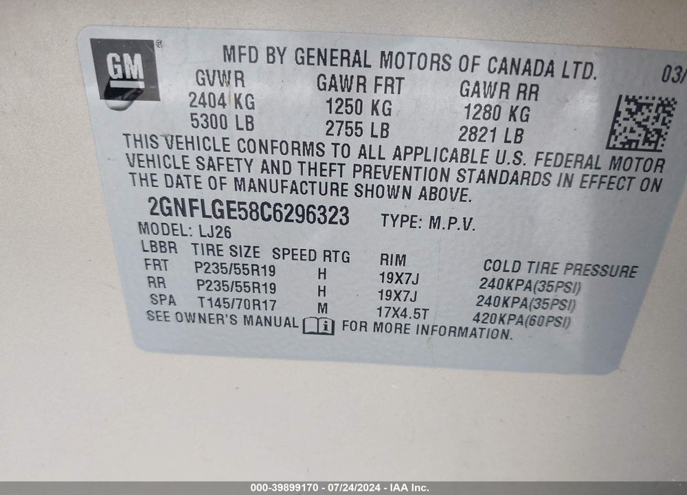 2012 CHEVROLET EQUINOX VIN: 2GNFLGE58C6296323