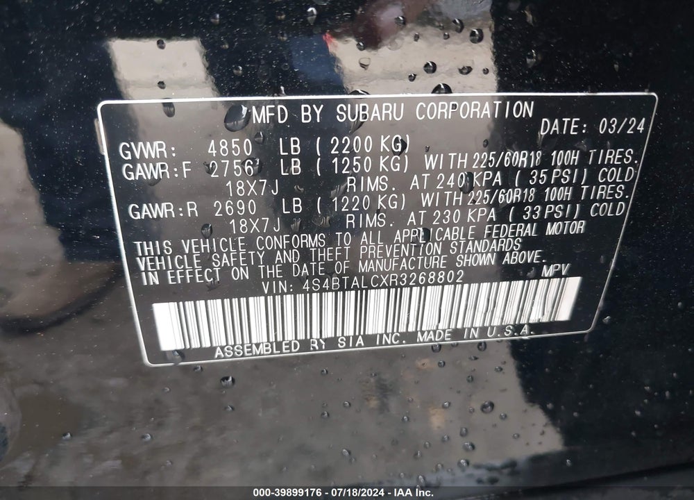 2024 SUBARU OUTBACK ONYX EDITION VIN: 4S4BTALCXR3268802