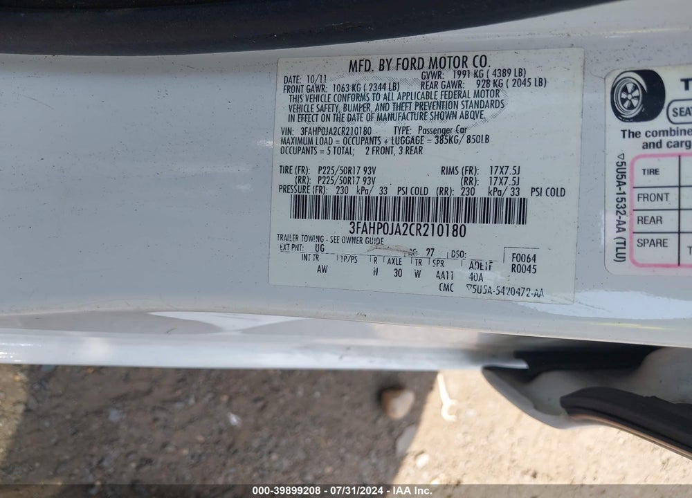 2012 FORD FUSION SEL VIN: 3FAHP0JA2CR210180