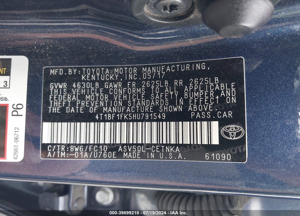 2017 TOYOTA CAMRY LE VIN: 4T1BF1FK5HU791549