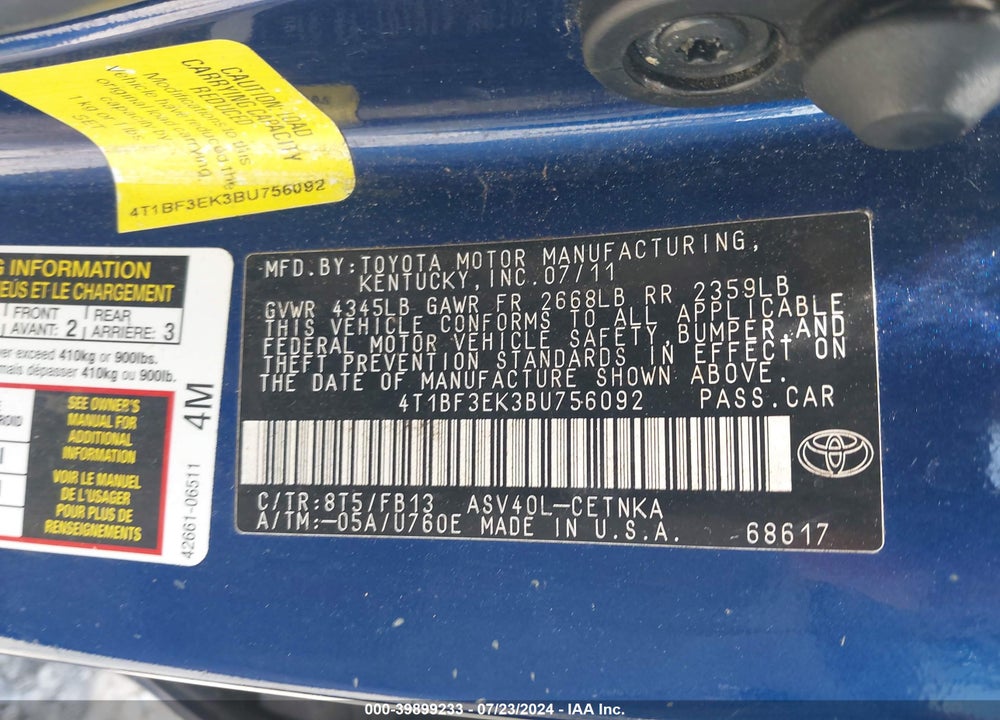 2011 TOYOTA CAMRY LE VIN: 4T1BF3EK3BU756092