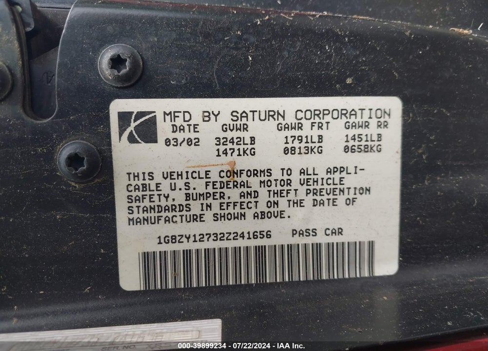 2002 SATURN S-SERIES SC2 VIN: 1G8ZY12732Z241656
