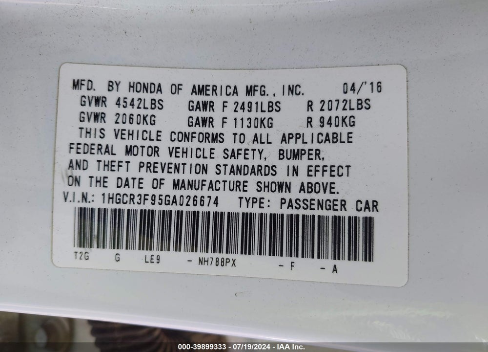 2016 HONDA ACCORD TOURING VIN: 1HGCR3F95GA026674