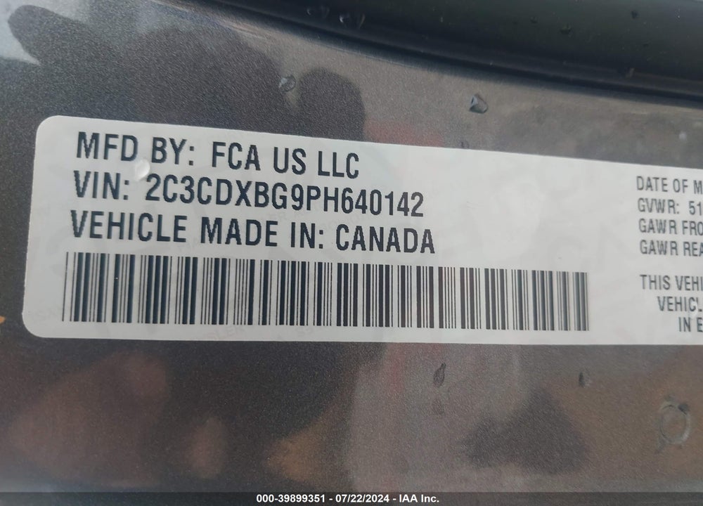 2023 DODGE CHARGER SXT VIN: 2C3CDXBG9PH640142