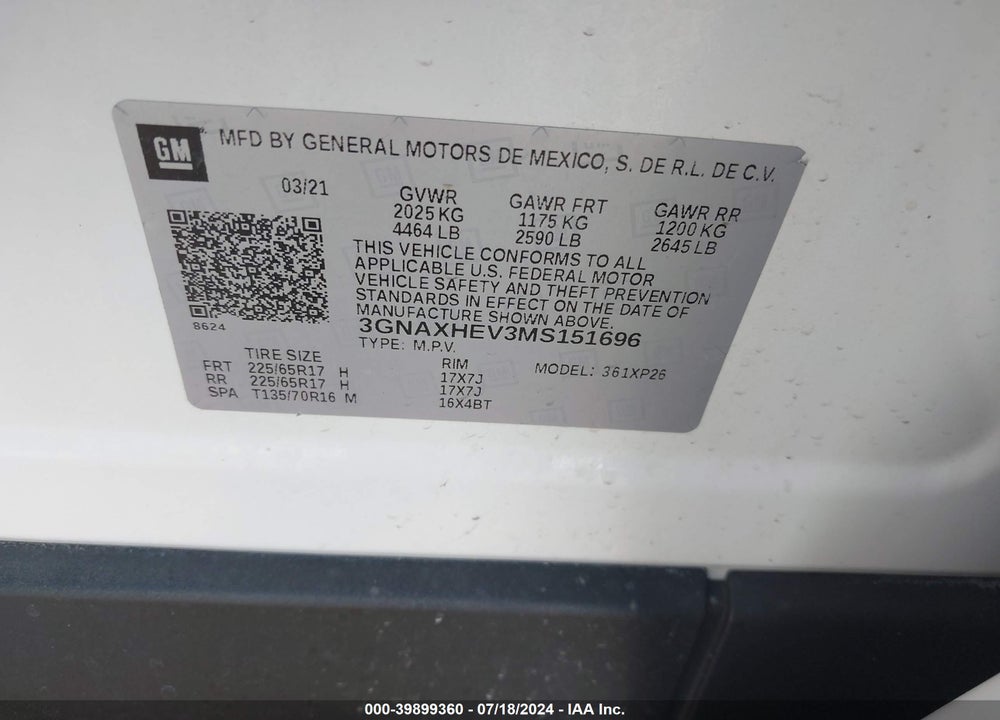 2021 CHEVROLET EQUINOX FWD LS VIN: 3GNAXHEV3MS151696