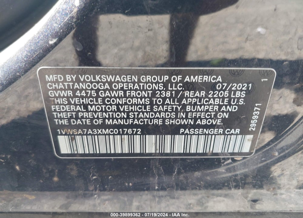 2021 VOLKSWAGEN PASSAT 2.0T SE VIN: 1VWSA7A3XMC017672