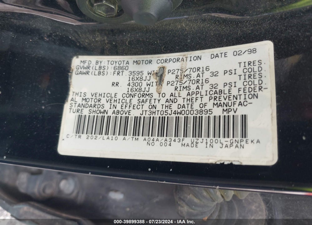 1998 TOYOTA LAND CRUISER VIN: JT3HT05J4W0003895