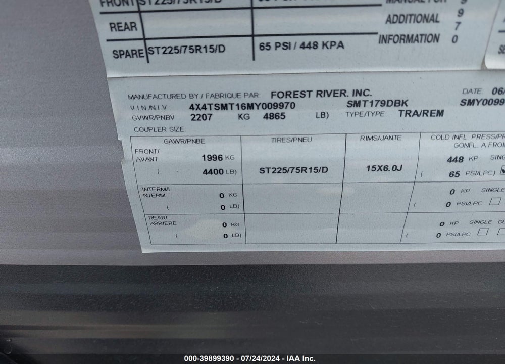 2021 SALEM TRAVEL TRLR VIN: 4X4TSMT16MY009970