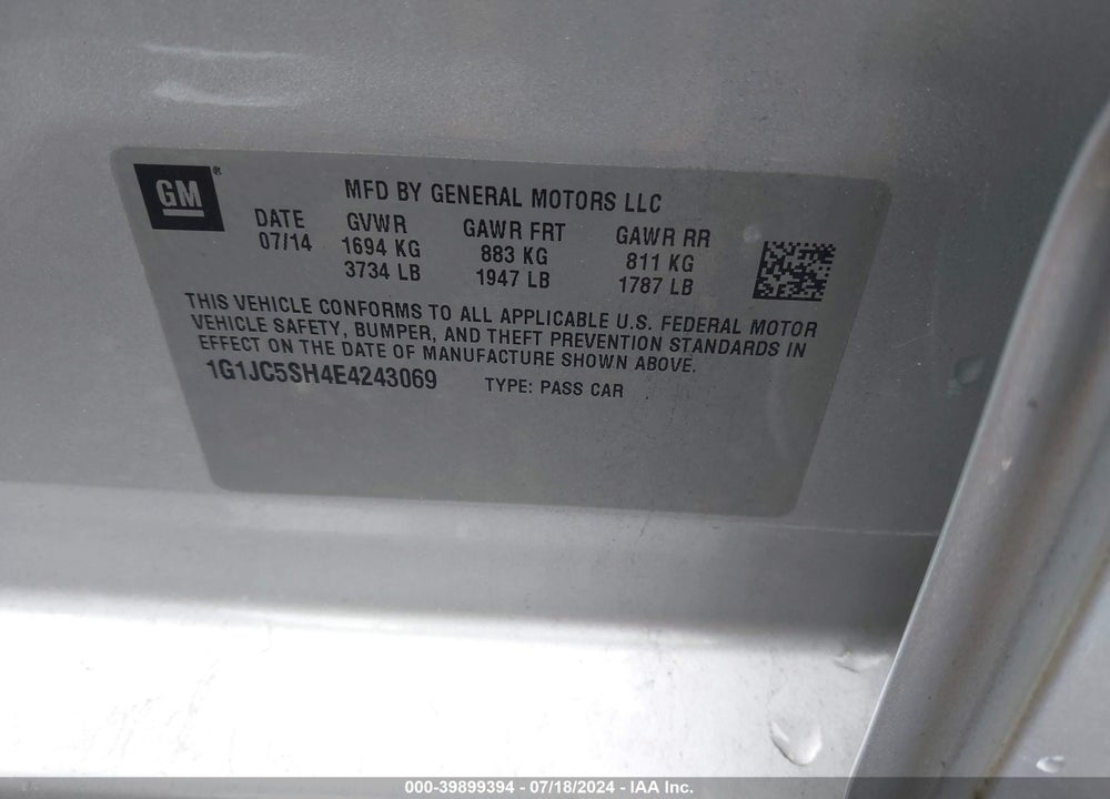 2014 CHEVROLET SONIC LT AUTO VIN: 1G1JC5SH4E4243069