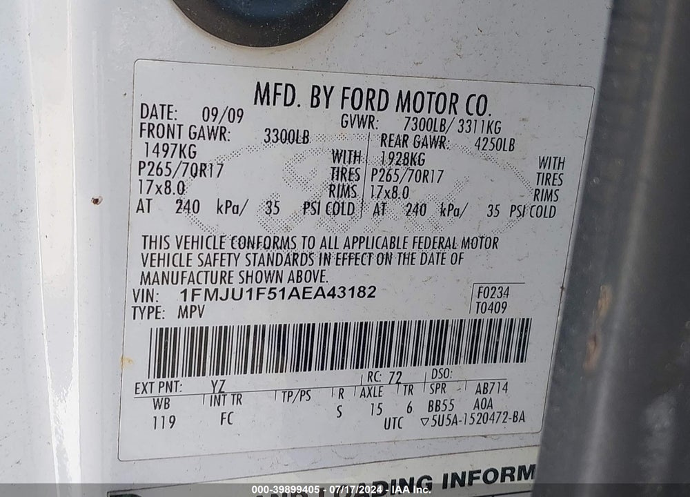 2010 FORD EXPEDITION XLT VIN: 1FMJU1F51AEA43182