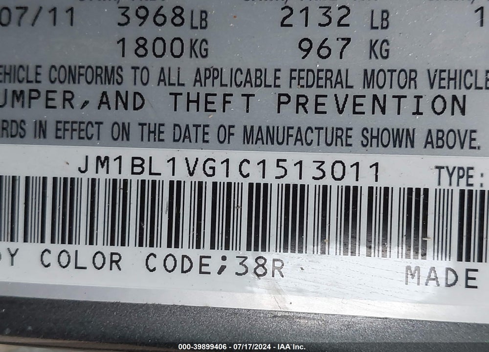 2012 MAZDA 3 I TOURING VIN: JM1BL1VG1C1513011