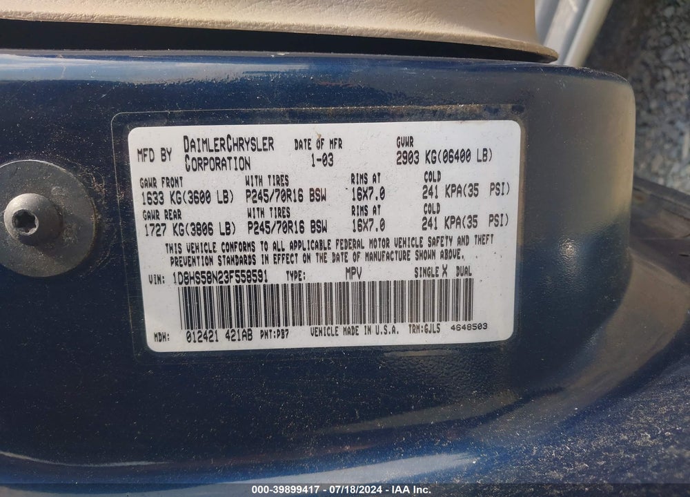 2003 DODGE DURANGO SLT PLUS VIN: 1D8HS58N23F558591