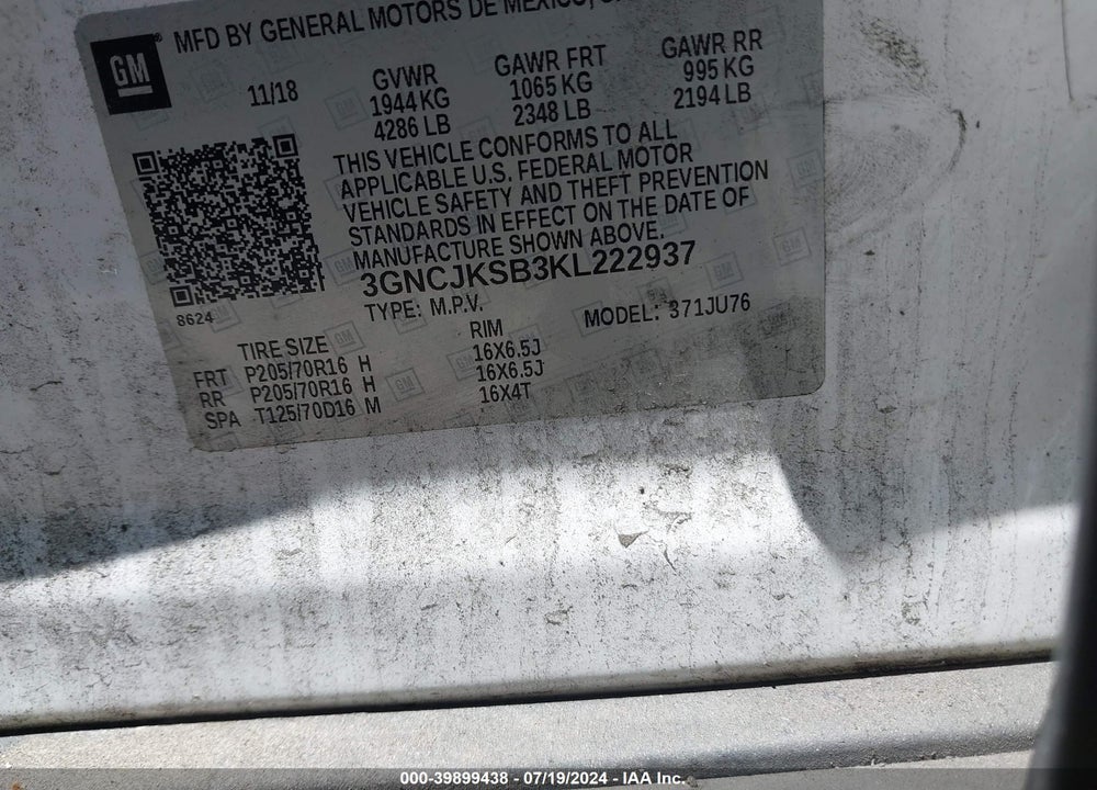 2019 CHEVROLET TRAX LS VIN: 3GNCJKSB3KL222937