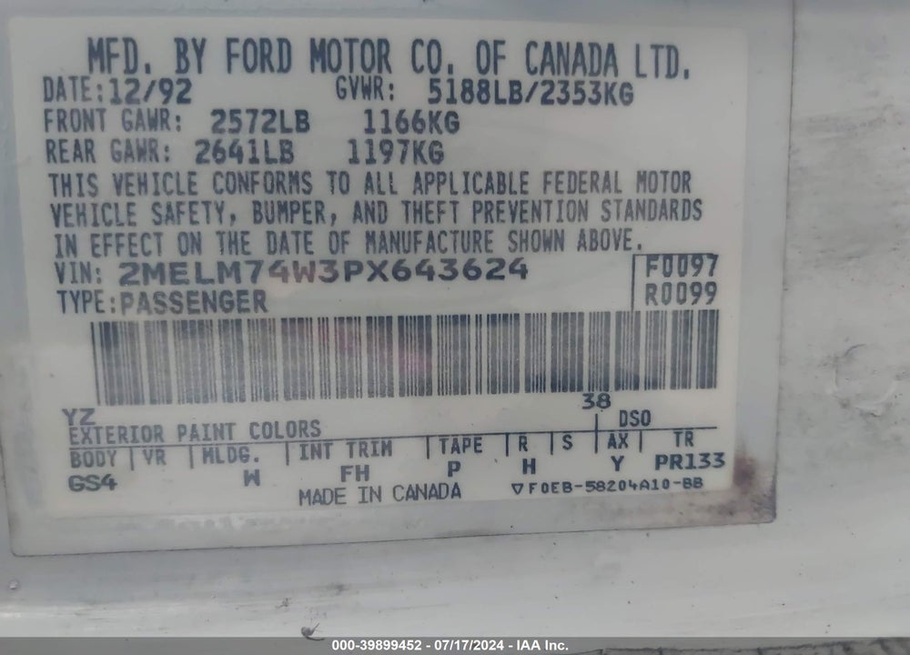 1993 MERCURY GRAND MARQUIS GS VIN: 2MELM74W3PX643624
