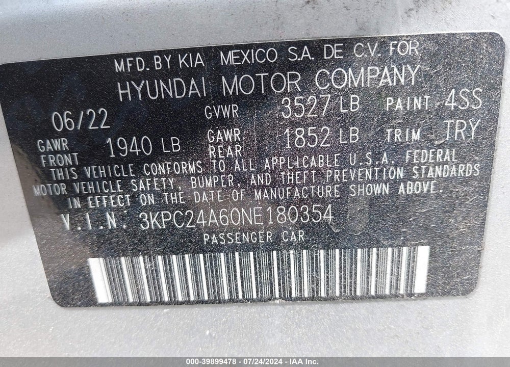 2022 HYUNDAI ACCENT SE VIN: 3KPC24A60NE180354