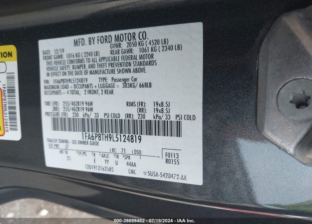 2020 FORD MUSTANG ECOBOOST FASTBACK VIN: 1FA6P8TH9L5124819