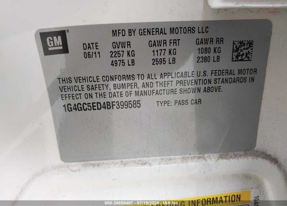 2011 BUICK LACROSSE CXL VIN: 1G4GC5ED4BF399585