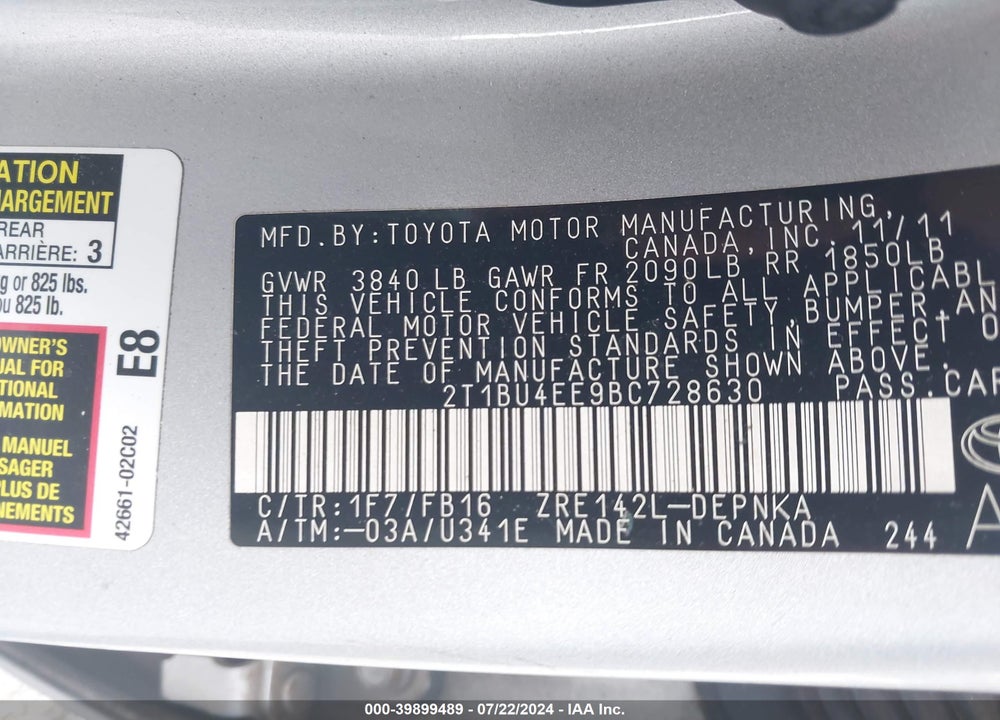 2011 TOYOTA COROLLA LE VIN: 2T1BU4EE9BC728630